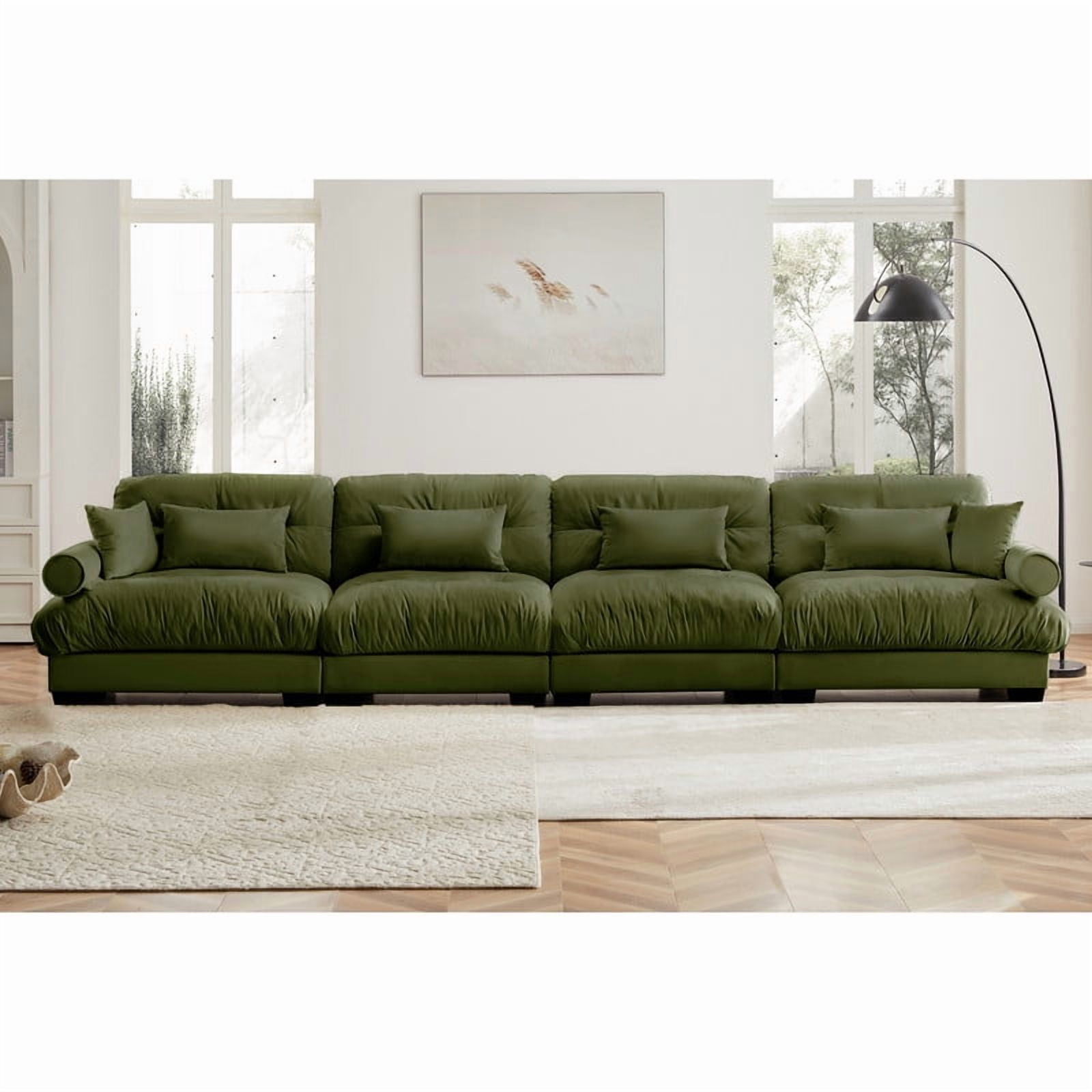 166" Modular Sectional Sofa, 4-Seater Velvet Couch, Deep Seat Cloud Sofa with Bolster Armrests & Pillows, Modern Upholstered Sofa for Living Room, Apartment, Olive Green