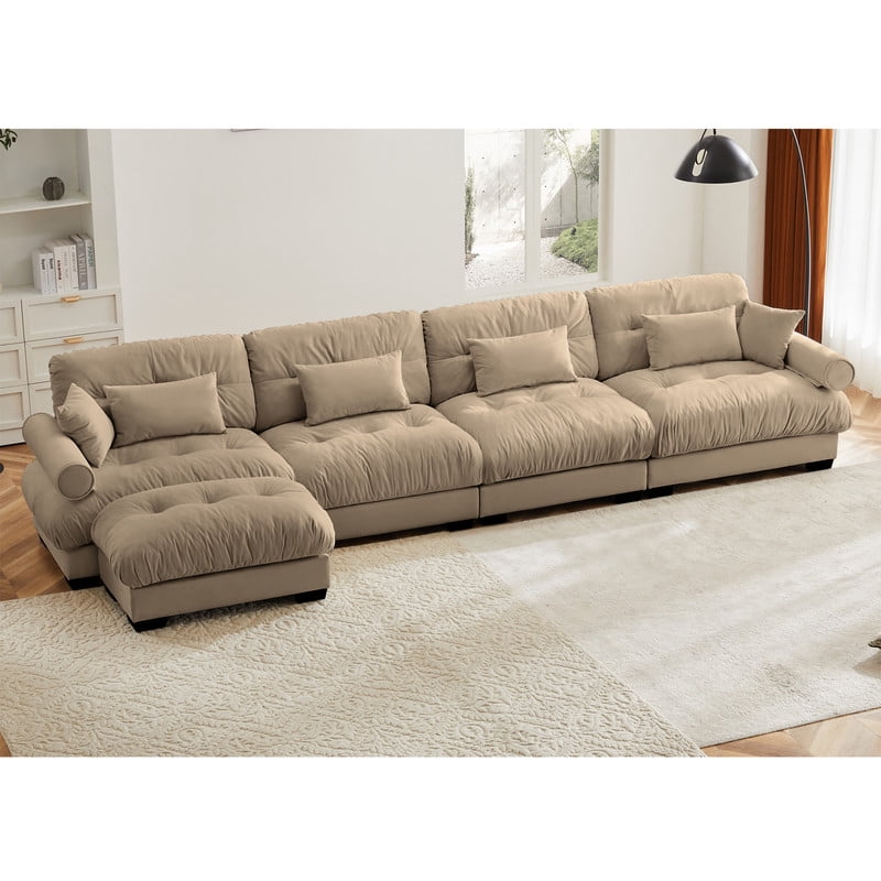 166" Modular Sectional Sofa with Ottoman, 4-Seater Velvet Couch, Convertible L-Shaped Sofa, Deep Seat Cloud Couch with Pillows, Modern Sofa for Living Room, Apartment, Camel
