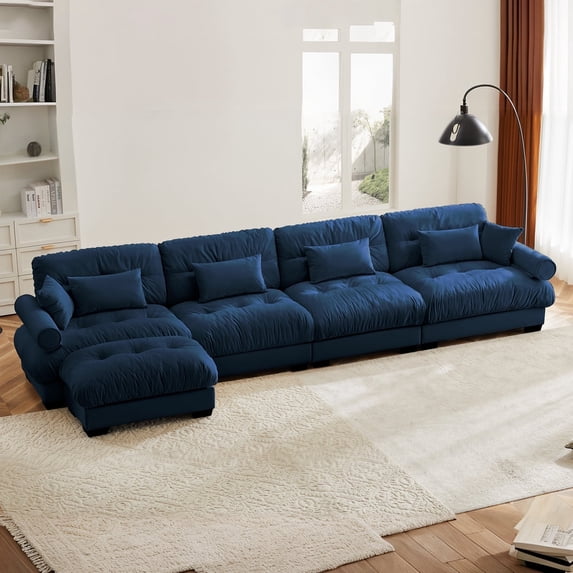 166" Oversized Couch, 4 Seater Modular Sectional Sofa, Blue Large L Shaped Sectional Couches for Living Room, Fluffy Couch Set, 4 Seater, Velvet Cloud Couch with Ottoman, Sofas for Living Room