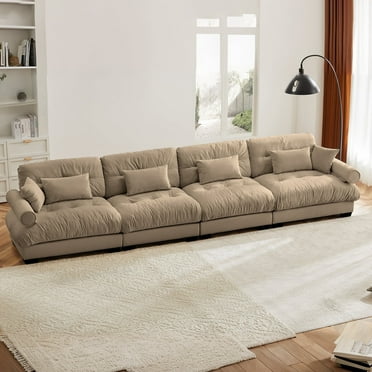 166" Oversized Couch, 4 Seater Modular Sectional Sofa, Camel Large Sectional Couches for Living Room, Fluffy Couch Set, 4 Seater Velvet Cloud Couch with 6 Pillows, Deep Seat Sofas for Living Room