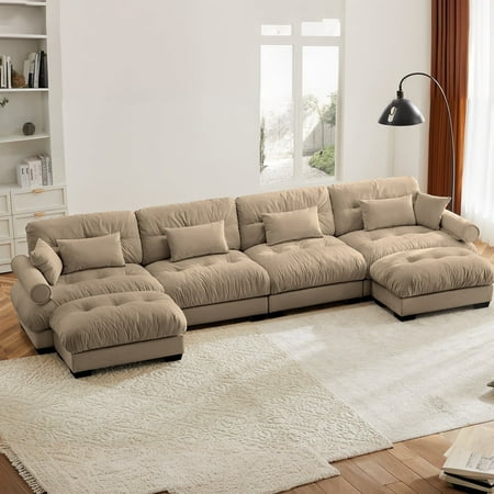 166" Oversized Couch, 4 Seater Modular Sectional Sofa, Camel Large U Shaped Sectional Couches for Living Room, Fluffy Couch Set, 4 Seater, Velvet Cloud Couch with Ottoman, Sofas for Living Room