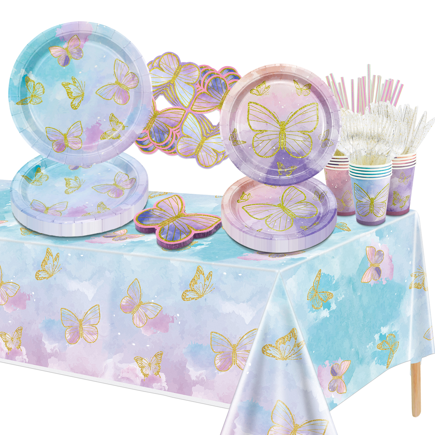 166 Pcs Butterfly Birthday Decorations - Including Butterfly Paper Plates, Napkins, Cups, Tablecloth and Straws for Fairy Birthday Decorations Butterfly Birthday Party Supplies, Serve 20 - image 1 of 7