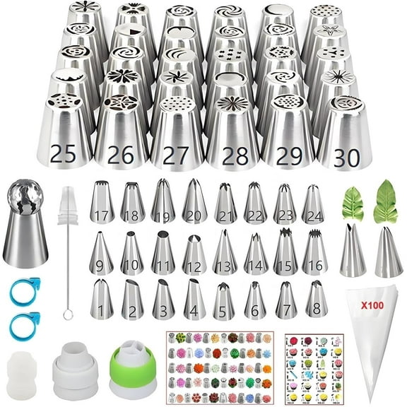166 Pcs Russian Piping Tips Set, with 30 Numbered Russian Tips,24 Numbered Icing Tips,1 Ball Tip,2 Leaf Tips,Pattern Chart,3 Couplers,100 Pastry Bags & More for Cake Cupcake Decorating