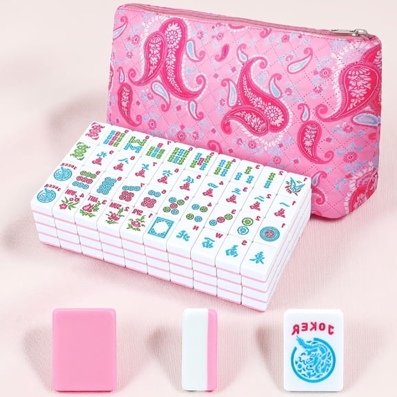 166-Piece 1.2 Inch Pink Mahjong Tiles Set with Pink Storage Bag, Engraved Characters, No Pusher