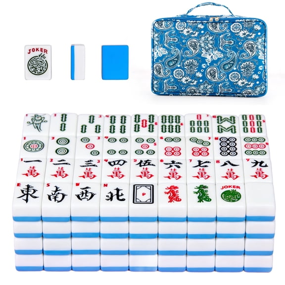 166 Tile American Mahjong Set with 2 Dice and Carrying Bag, Blue Mahjong Game for Adults, Family and Beginners