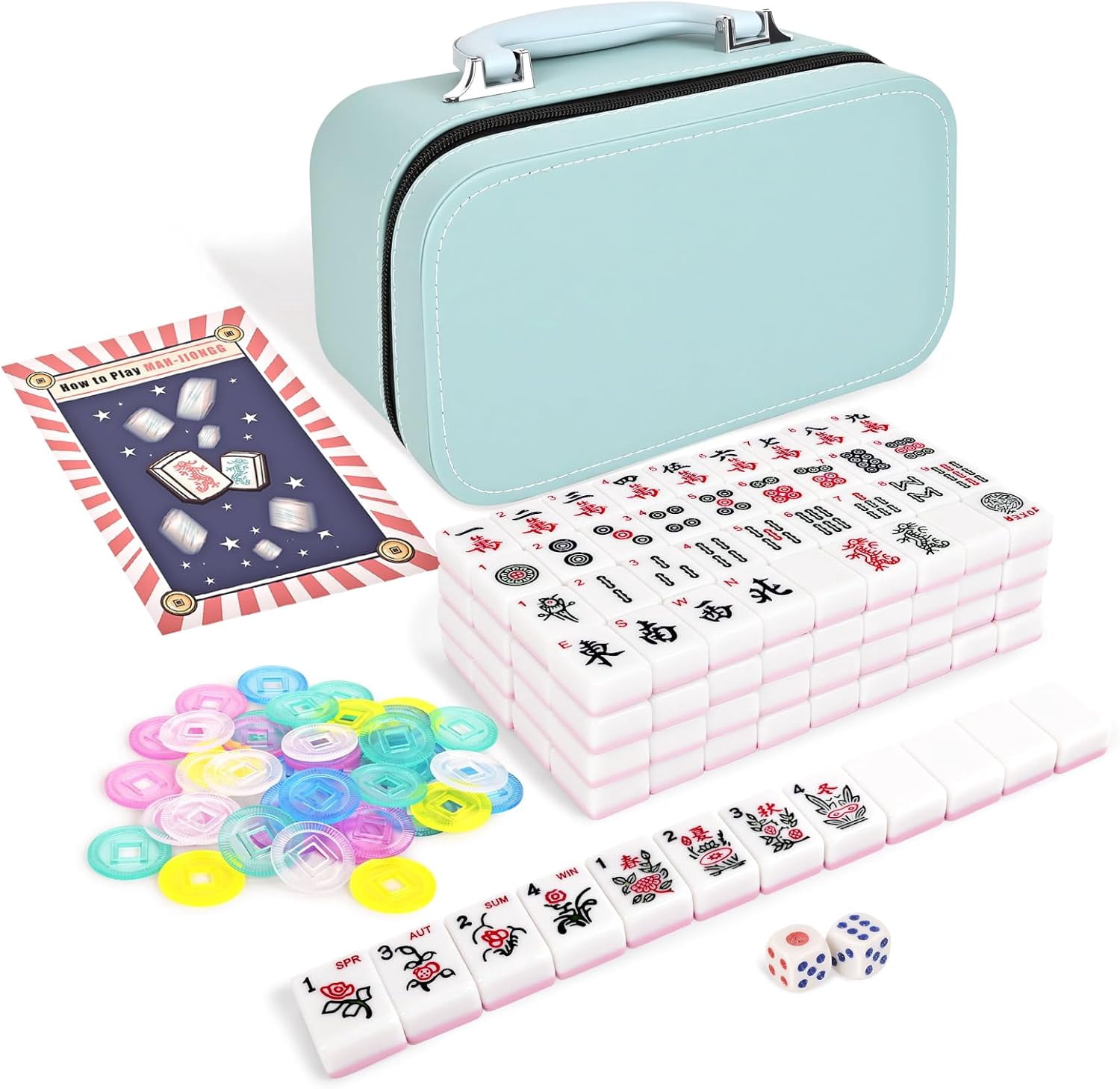 166-Tile Travel Mahjong Set 1.2 Inch with Storage Box, Dice, Chips, Instructions – Portable