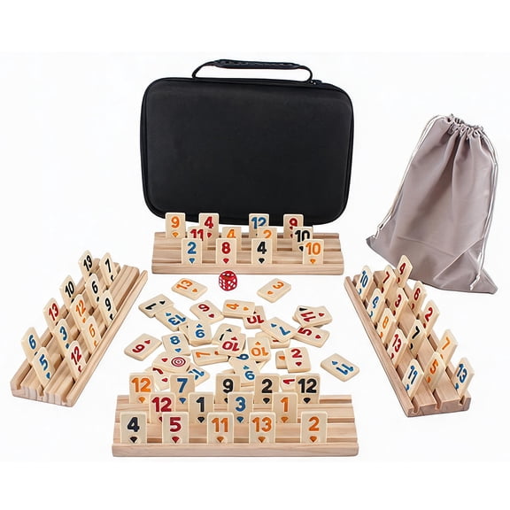 Portable Travel Rummy Cube Game Set with Storage Box, 106 Rummy Tiles & 4 Wooden Tile Racks, Classic Family Board Game