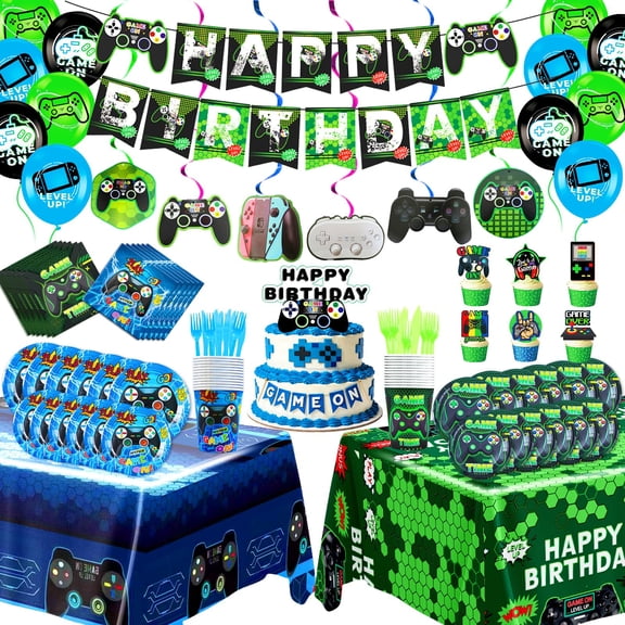 166Pcs Video Game Birthday Decorations for Boys - Gamer Party Supplies for 24 with Plates, Cups, Tablecloth, Napkins, Happy Birthday Banner, Balloons, Cake Toppers (Viedo Game) Y114