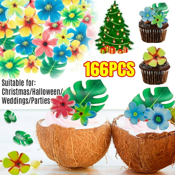 166pcs Edible Tropical Turtle Leaves Flower Cupcake Toppers Wafer Paper Palm Leaf Flower Cake Topper Edible Cake Decoration for Hawaii Aloha Jungle Summer Theme Wedding Birthday  Christmas Halloween