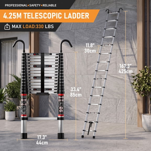167.6 Inch Ladder & Safe Hooks Multi-functional Stainless Steel Extension Ladder, lightweight and portable, with wook