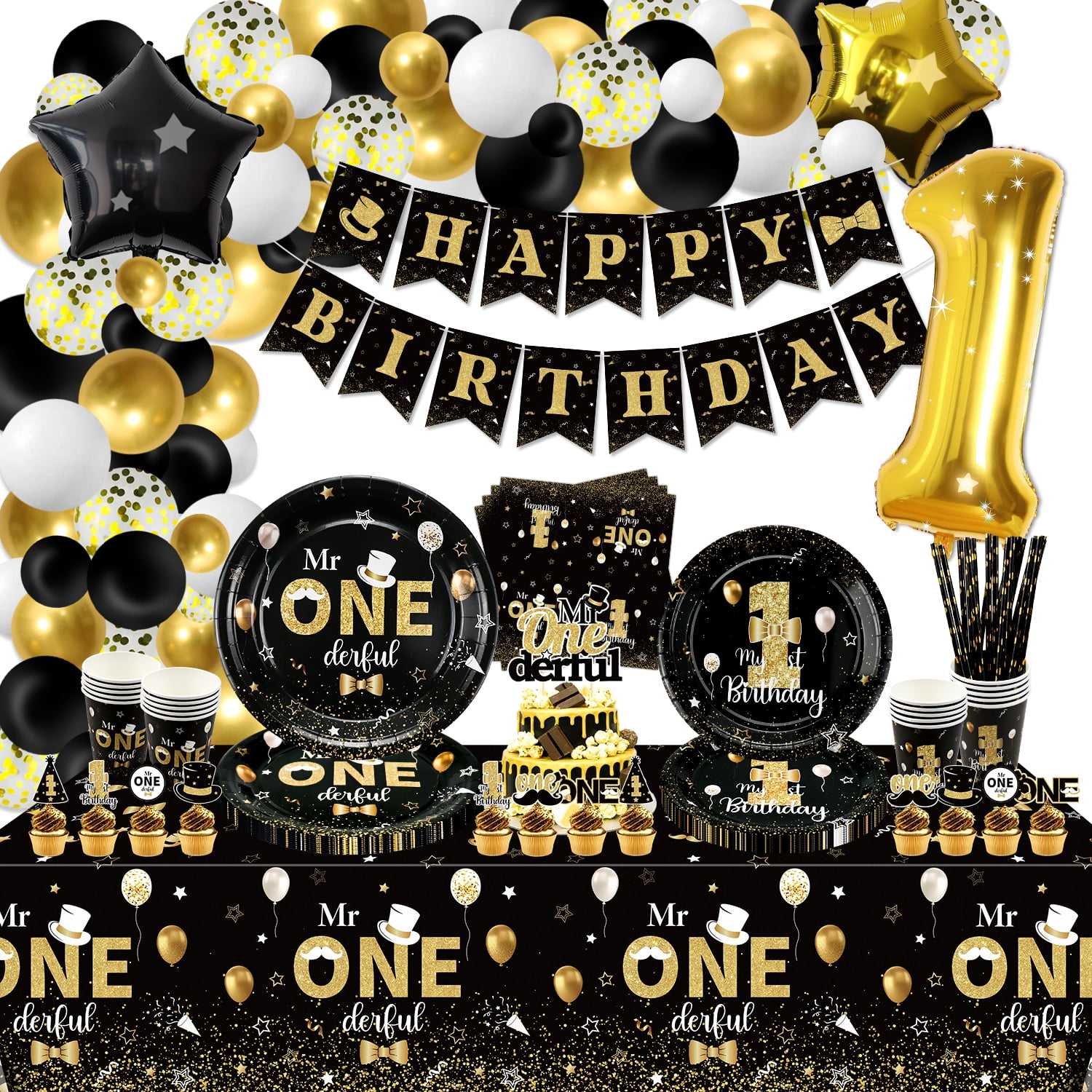 167 PCS Mr Onederful Birthday Decorations - Black Gold Birthday Plates, Napkins, Cups, Balloons, Birthday Banner, Cake Topper and Tablecloth for Baby Shower 1st Birthday Boy Decorations, Serve 20