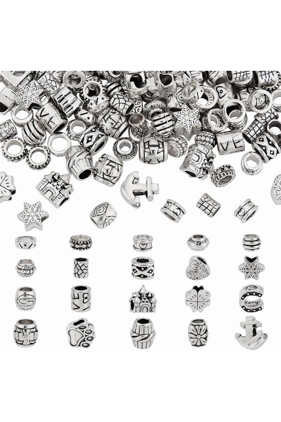 167 Pcs 20 Styles Tibetan Silver Spacer Beads 6-13mm Metal Tibetan Beads Alloy European Loose Beads Large Hole Beads for Bracelet Necklace Jewelry Marking Hole: 4-6mm