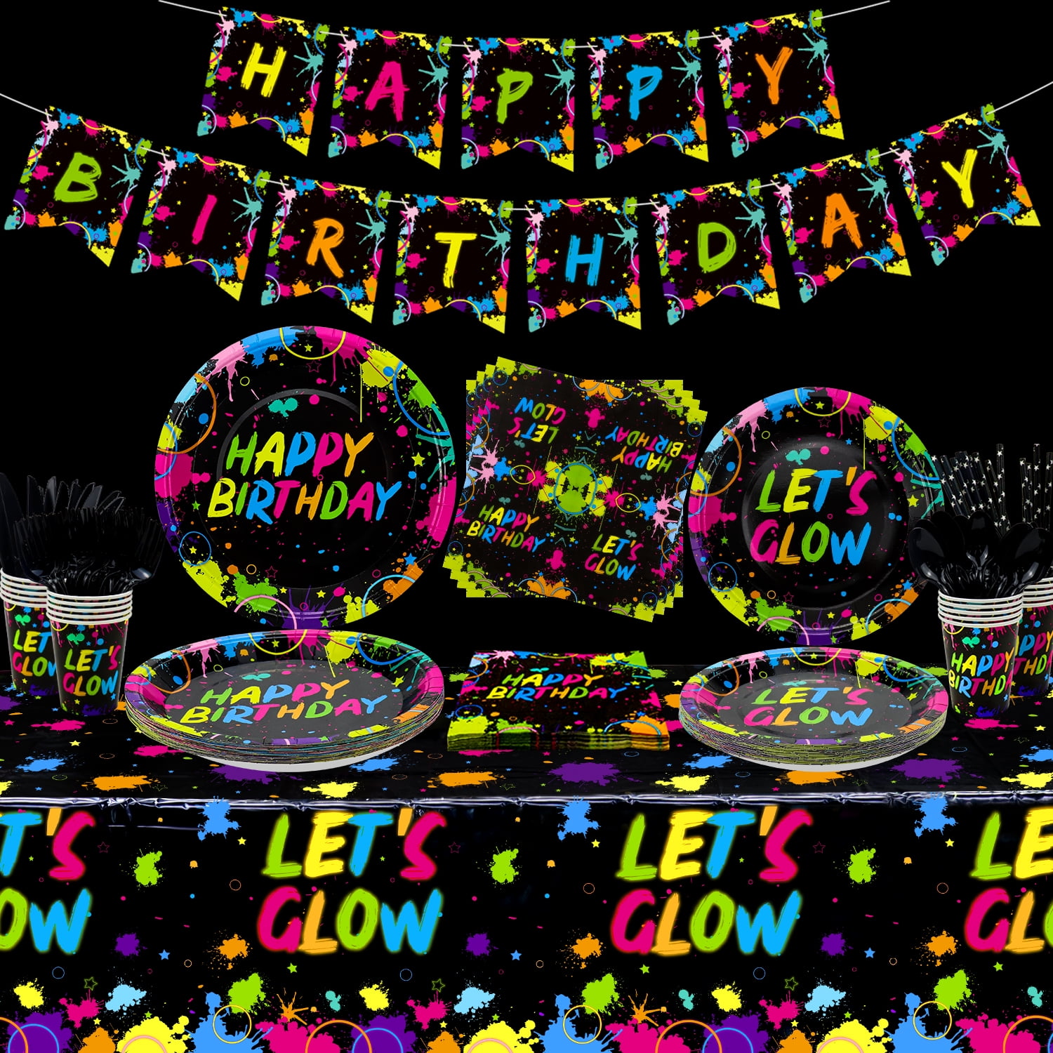 225 Pieces Glow Neon Party Supplies - Neon Balloon, Glow in the Dark  Birthday Banner, Garlands, Cake Topper, Tablecloth, Plates, Napkins and Cup  for Blacklight Party Decorations, Serves 20 Guest - Yahoo Shopping