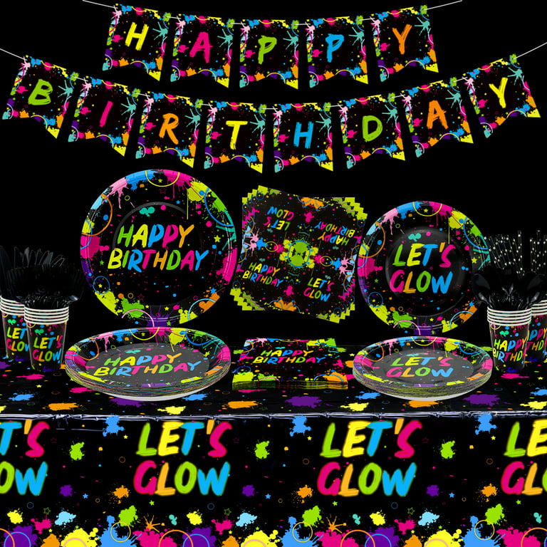 Glow Neon Party Supplies - Glow in the Dark Theme Happy Birthday Banner,  Plates, Napkins, Cup, Tablecloth, Knives, Fork, Spoon and Straws for Blacklight  Neon Party Decorations, Serves 20 Guests 
