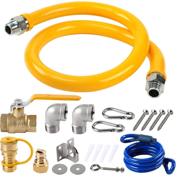 1675kit48 Safety System Kit, 3/4" Gas Line Hose for Commercial Kitchen, 60" Mobile Gas Hose Connector Kit with 2 Elbows, Yellow