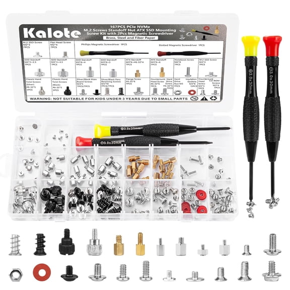 167PCS Computer Screw Kit, Carbon Steel Nickel-Plated Laptop PC Screws Assortment with M.2 SSD Screws, Motherboard Standoffs, HDD Case Fan Screws & 2PCS Magnetic Screwdrivers
