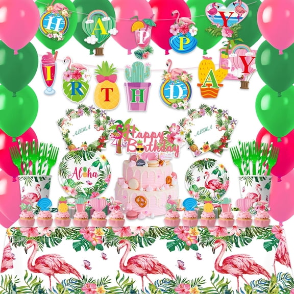 167Pcs Hawaiian Aloha Party Decorations Flamingo Party Plates Napkins Cups Forks Straws Balloons Banner Tablecloth Cake Toppers Hawaiian Luau Aloha Tropical Birthday Party Supplies Y114