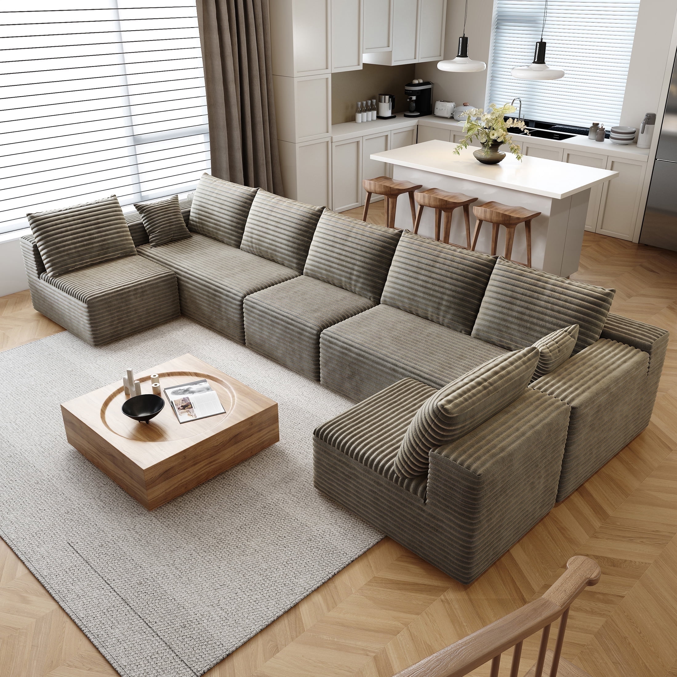168.5" Cloud Sectional Sofa for Living Room Plush Corduroy Cover Fluffy