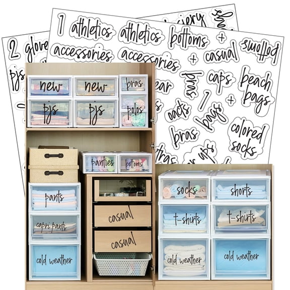 168 Closet, Clothing, Shoes Labels, Prefdo White Script Preprinted Waterproof Label Stickers Clear Decals Household Organization for Bins Baskets & Containers(Black)