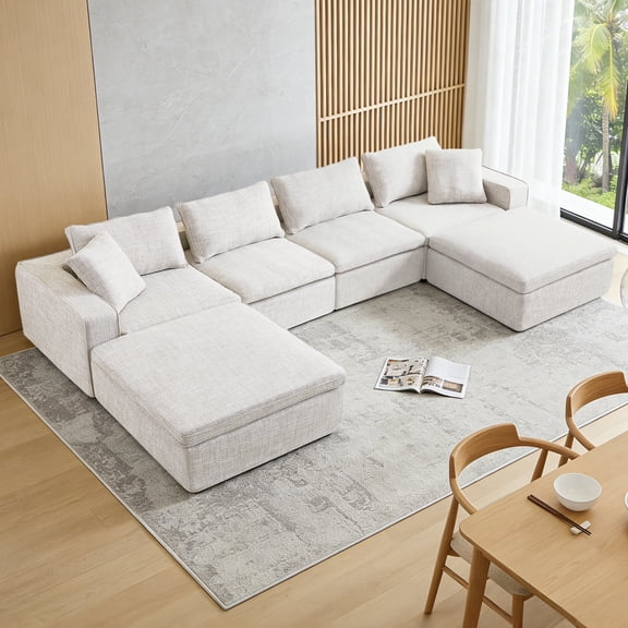 168" Cloud Modular Sofa, Oversized Sectional Couch with Washable Linen Fabric Covers, U-Shaped Deep Seat Sofa with Ottoman, 6 Seater Down Filled Convertible Furniture for Living Room