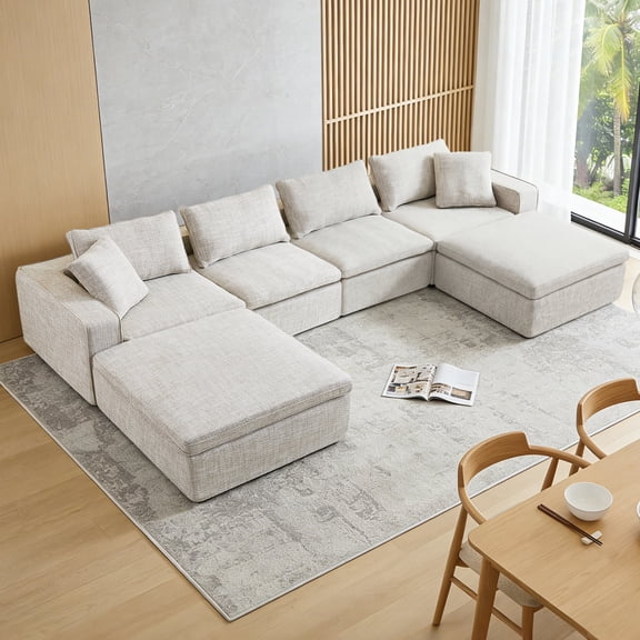 168" Cloud Modular Sofa, Oversized Sectional Couch with Washable Linen Fabric Covers, U-Shaped Deep Seat Sofa with Ottoman, 6 Seater Down Filled Convertible Furniture for Living Room