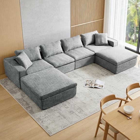 168" Cloud Modular Sofa, Oversized Sectional Couch with Washable Linen Fabric Covers, U-Shaped Deep Seat Sofa with Ottoman, 6 Seater Down Filled Convertible Furniture for Living Room