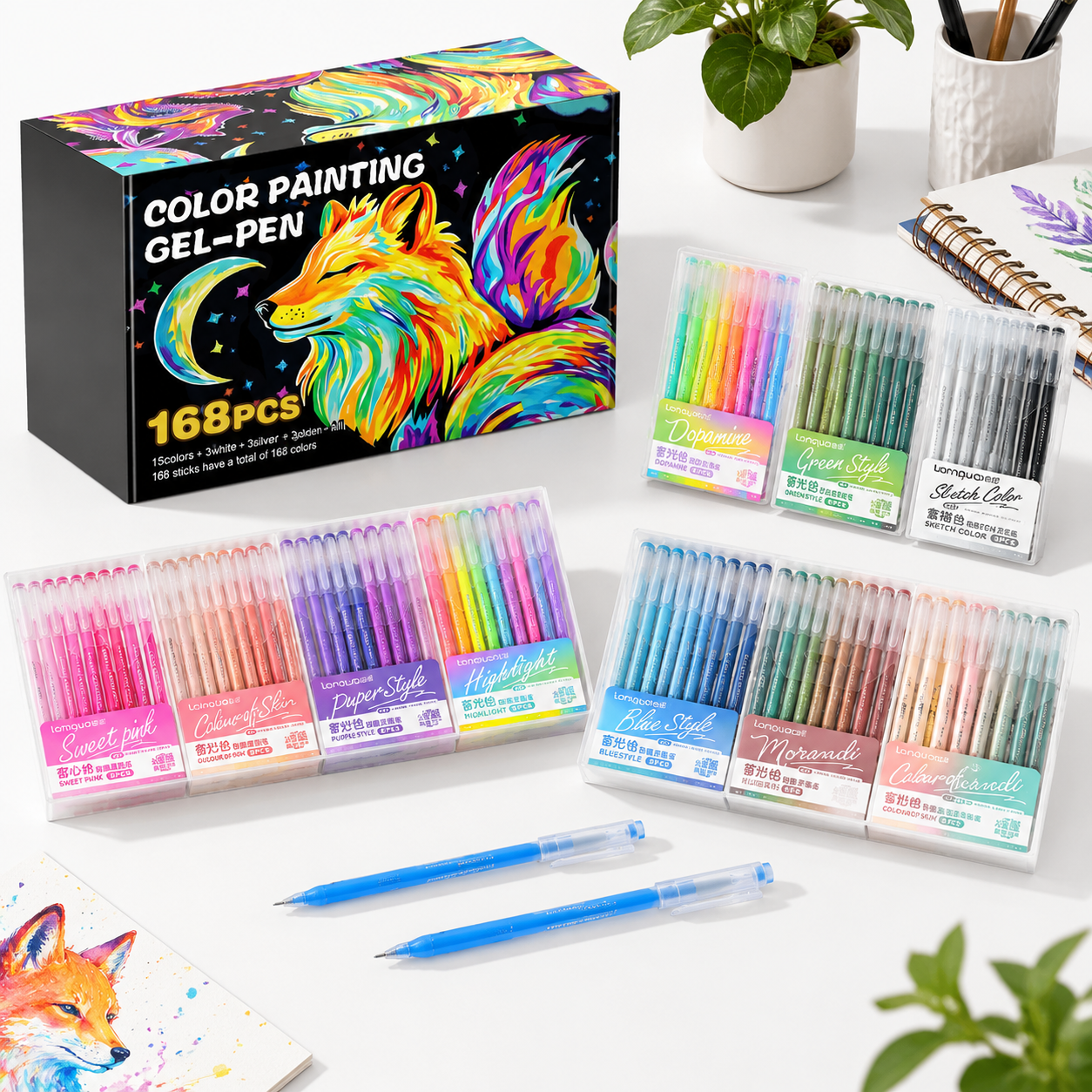 One Color Pen 168 Color Gel Pens Set with Portable Case, 0.6mm Fine Tip for Coloring ...