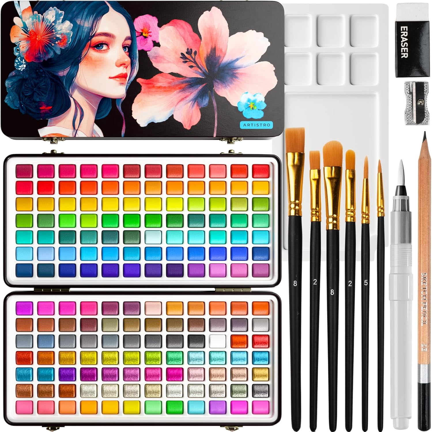 168 Color Watercolor Paint Set - Portable Paint Art Kit with Palette and Brush Pens - Travel Water Color Set for Adults, Professionals, Kids - Art and Painting Supplies - Gift Idea