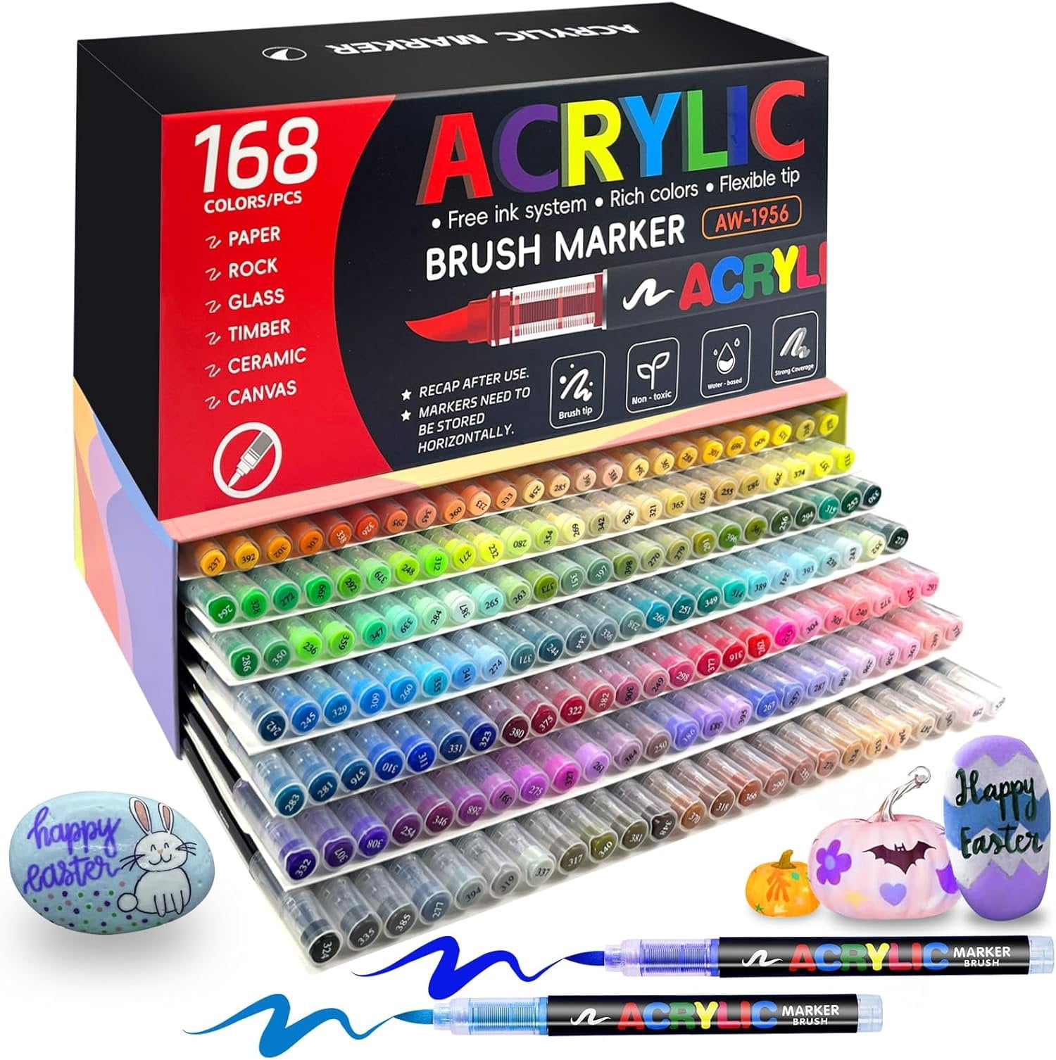 168 Colors   Markers Brush Tip, Water-Based   Pens, for Paper, Glass, Stone, Ceramic, Fabric, , Canvas, Rock Painting and DIY Crafts Art Supplies