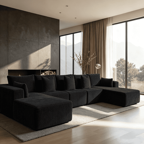 168"Modular Cloud Sectional Sofa with Chaise,Extra Deep Seat Corduroy Couch,Memory Foam,No Assembly,Living Room & Apartment,Black