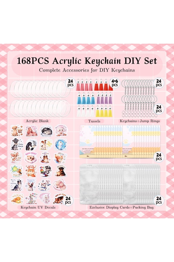 168 PCS Acrylic Keychain Blanks Set, Dog Themed Double-Sided UV DTF Stickers DIY Keychain Making Kit with Keyrings, Jump Rings, Tassels & Display Cards for Dog Lovers Craft Projects