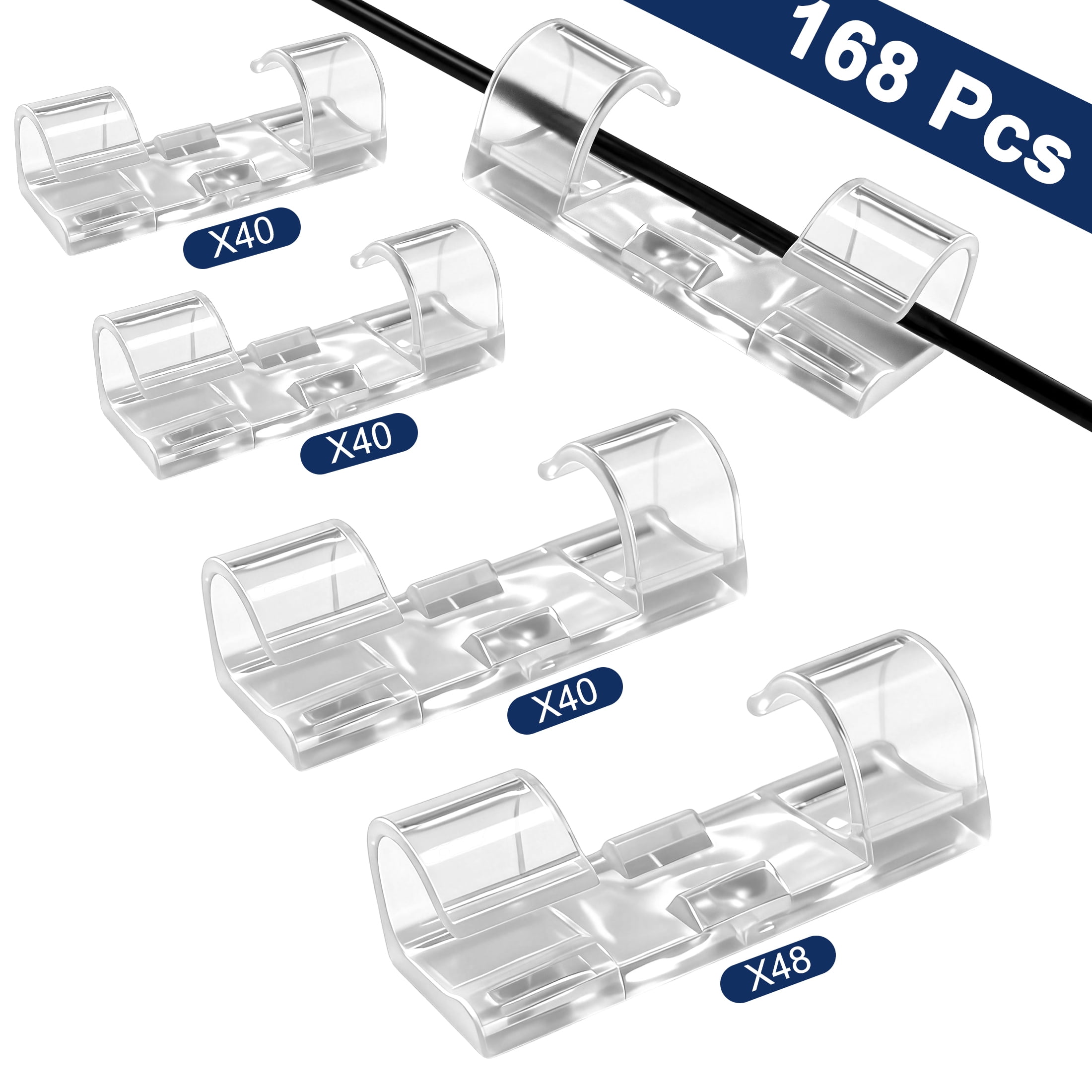 168 Pcs Self‑Adhesive Cable Clips, Clear Wire Management Clips, No Drill Cord Organizer, Cable Holder for USB Charging Cords, Power Cables for Wall, Desk, Home & Office