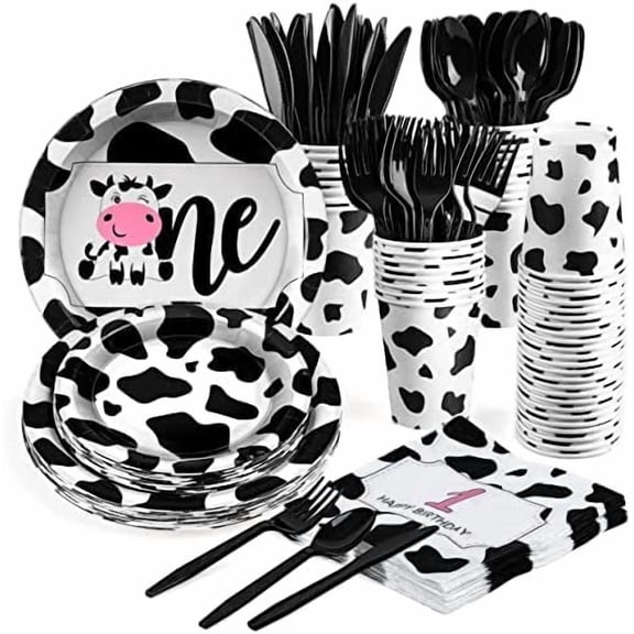 168 Pcs Farm Animal Cow Print Birthday Party Supplies Tableware Set 1st Birthday Baby Shower Party Plates, Knife,Forks,Spoons, Cups and Napkins Table Decorations for Girls, 24 Guests
