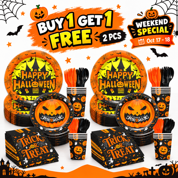 168 Pcs Halloween Pumpkin Disposable Tableware Set, Pumpkin Pattern Plates, Napkins, Cups and Cutlery, Serves 24 Guests, Trick or Treat Party Supplies, Orange and Black