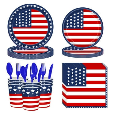 168 Pcs Memorial Day Party Supplies 4th of July Tableware Set Patriotic Paper Plates Freedom Stars Party Plates Independence day Veterans Day Plates and Napkins Forks for 24 Guests