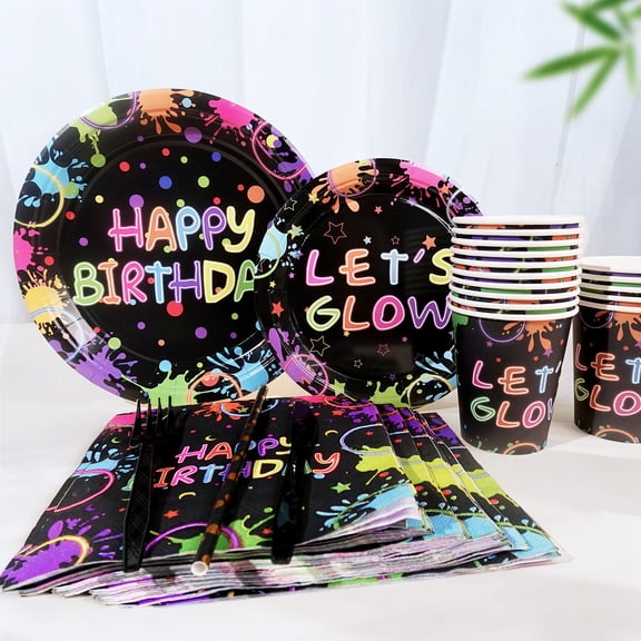 168 Pcs Neon Glow Splatter Theme Birthday Graduation PARTY plate Napkins Supplies For 24 Guests