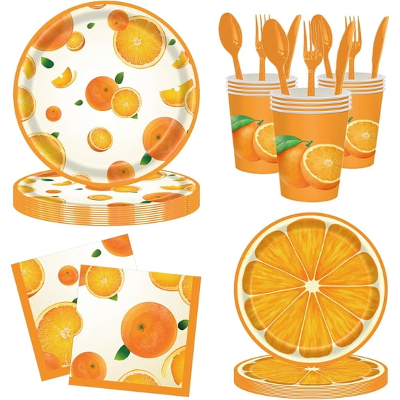 168 Pcs Orange Summer Fruit Party Supplies Birthday Decorations, Little Cutie Disposable Tableware Set, Includes Plates Cups Straws Napkins Knifes Spoons Forks, Serves 24 Guests