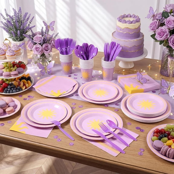 168 Pcs Princess Sun Party Supplies Serve 24 Guests Princess Sun Paper Plates Cups Napkins Purple Forks Knives Spoons for Birthday 1st Theme Weeding Holiday Baby Shower Party Decorations