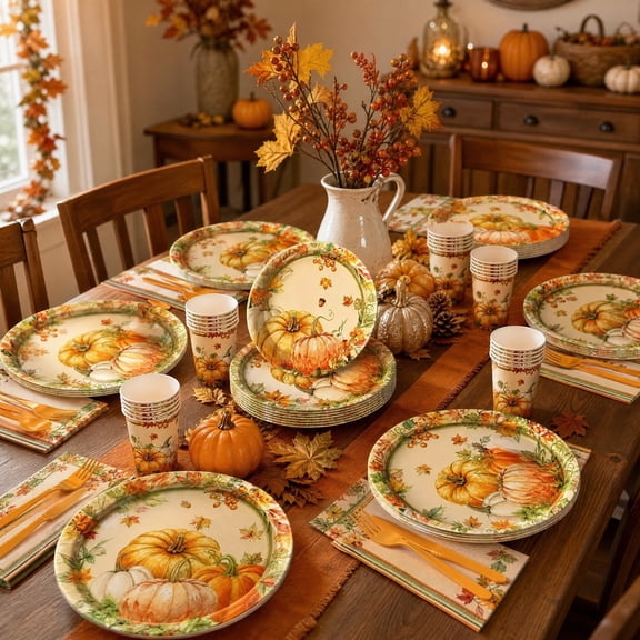168 Pcs Thanksgiving Tableware Set for 24 Guests, Fall Pumpkin Maple Leaf Plates, Cups, Napkins and Cutlery, Disposable Dinnerware for Thanksgiving Dinner, Autumn Party and Family Gatherings