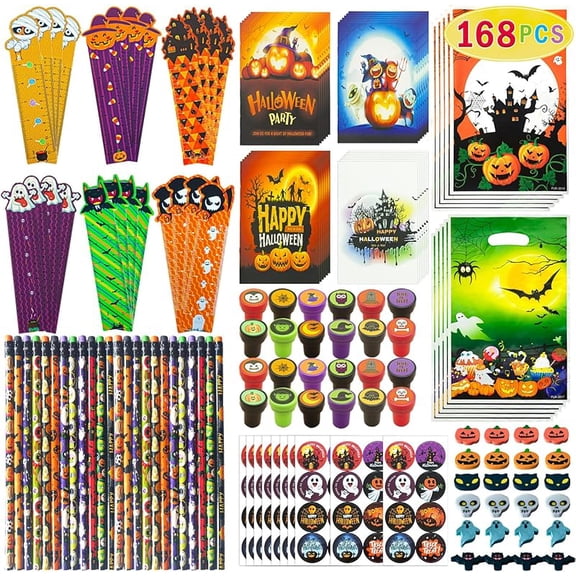 168-Piece Halloween Party Favors Set with Treats and Stationery Supplies