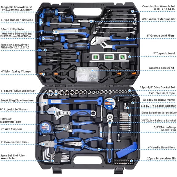 168-Piece Socket Wrench Auto Repair Tool Combination Package Mixed Tool Set Hand Tool Kit with Plastic Toolbox Storage