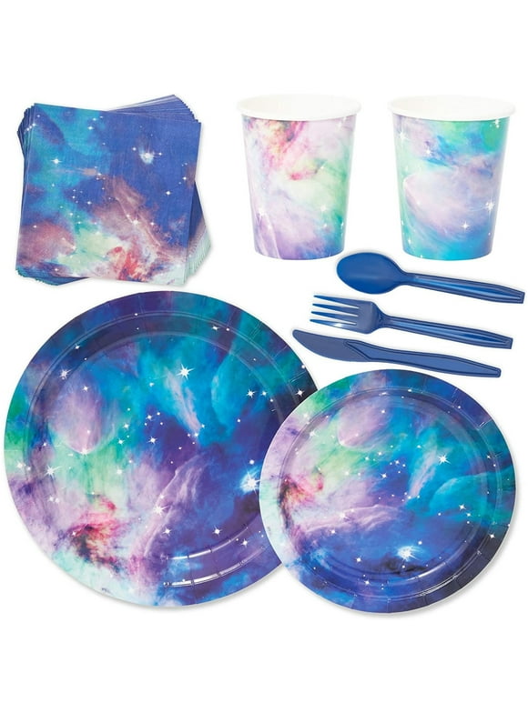 168 Pieces Galaxy Party Supplies with Paper Plates, Napkins, Cups, and Cutlery for Outer Space Birthday Party Decorations (Serves 24)