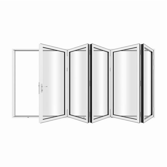 KaMic 168" x 80" 5 Panels Aluminum Folding Door In White, Folded Out From Left To Right