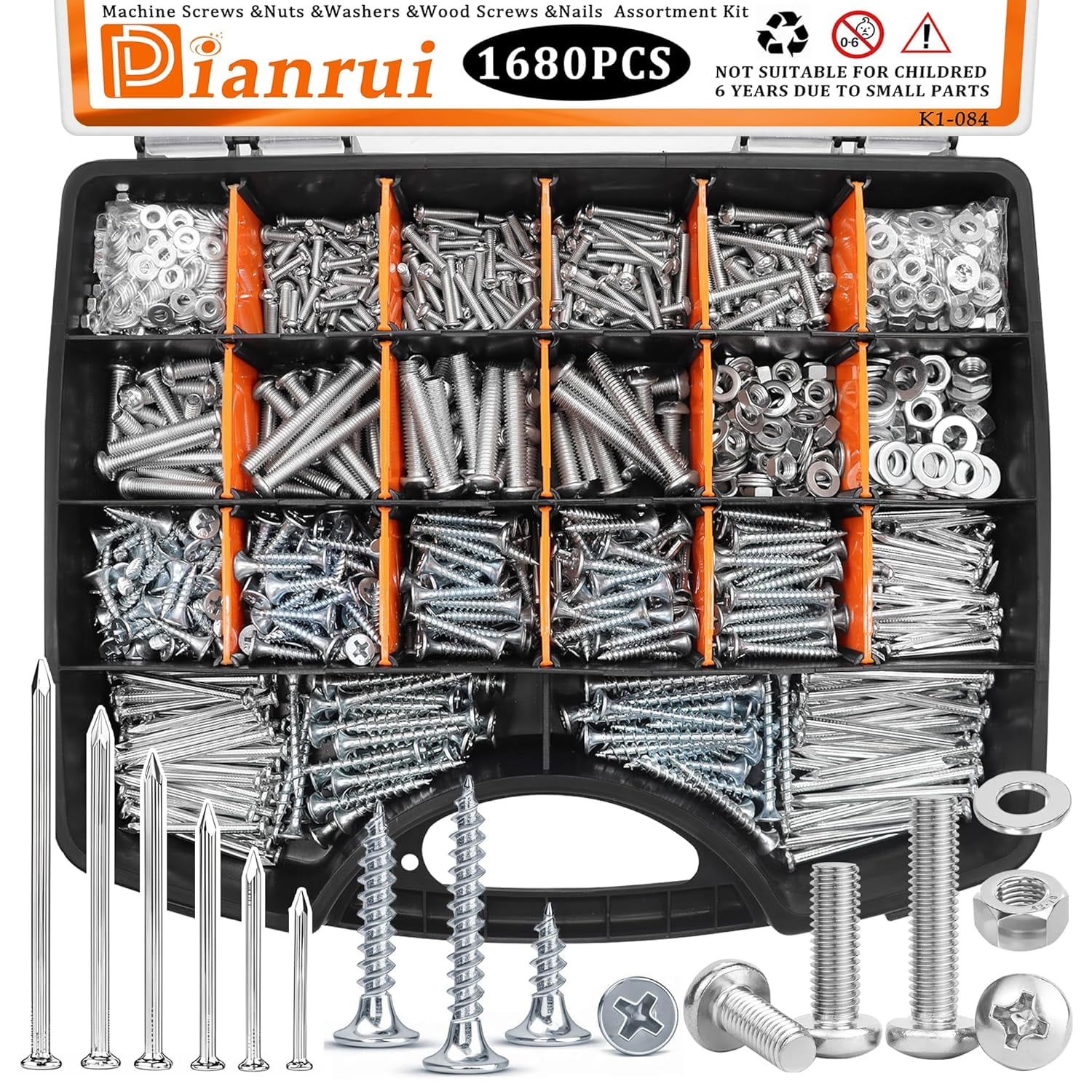 1680 PCS Nails and Screws Assortment Kit & Screw Bolts and Nuts, M3/M4/M5/M6 Machine Screws, Small Nails for Picture Hanging, #6#8 Drywall Screw Set for DIY Repair Project Length 1/2" to 2"