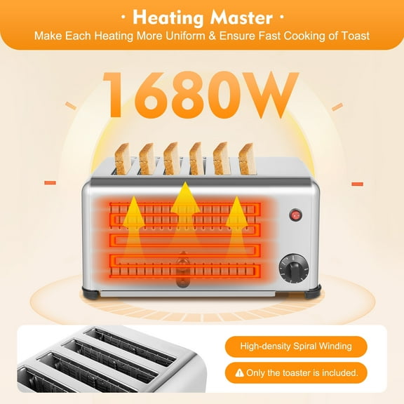 1680W 6 Slots Stainless Steel Toaster Bread Baking Machine Time-Saving High Efficient