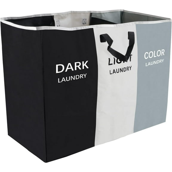 168L Laundry Hamper, Large Blanket Storage Basket Sorter 3 Section Bag Organizer for Dirty Clothes - Toys - Towel,15 X 23 X 28 inch Heavy Duty Laundry Cart Baskets (Black and white gray bag)