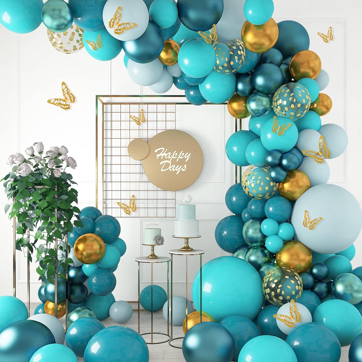 168PC Teal Balloons Garland Arch Kit Double-Stuffed Dark Teal Blue Turquoise Metallic Gold Green Balloons with 12 Butterfly Balloons for Birthday Wedding Baby Shower Party Decorations