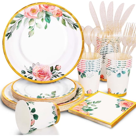 168PCS Floral Plates and Napkins Party Supplies,Vintage Paper Set With Gold Rim Serve 24 Guests,Floral Disposable Tea supplies for Adults Bridal Shower Decorations