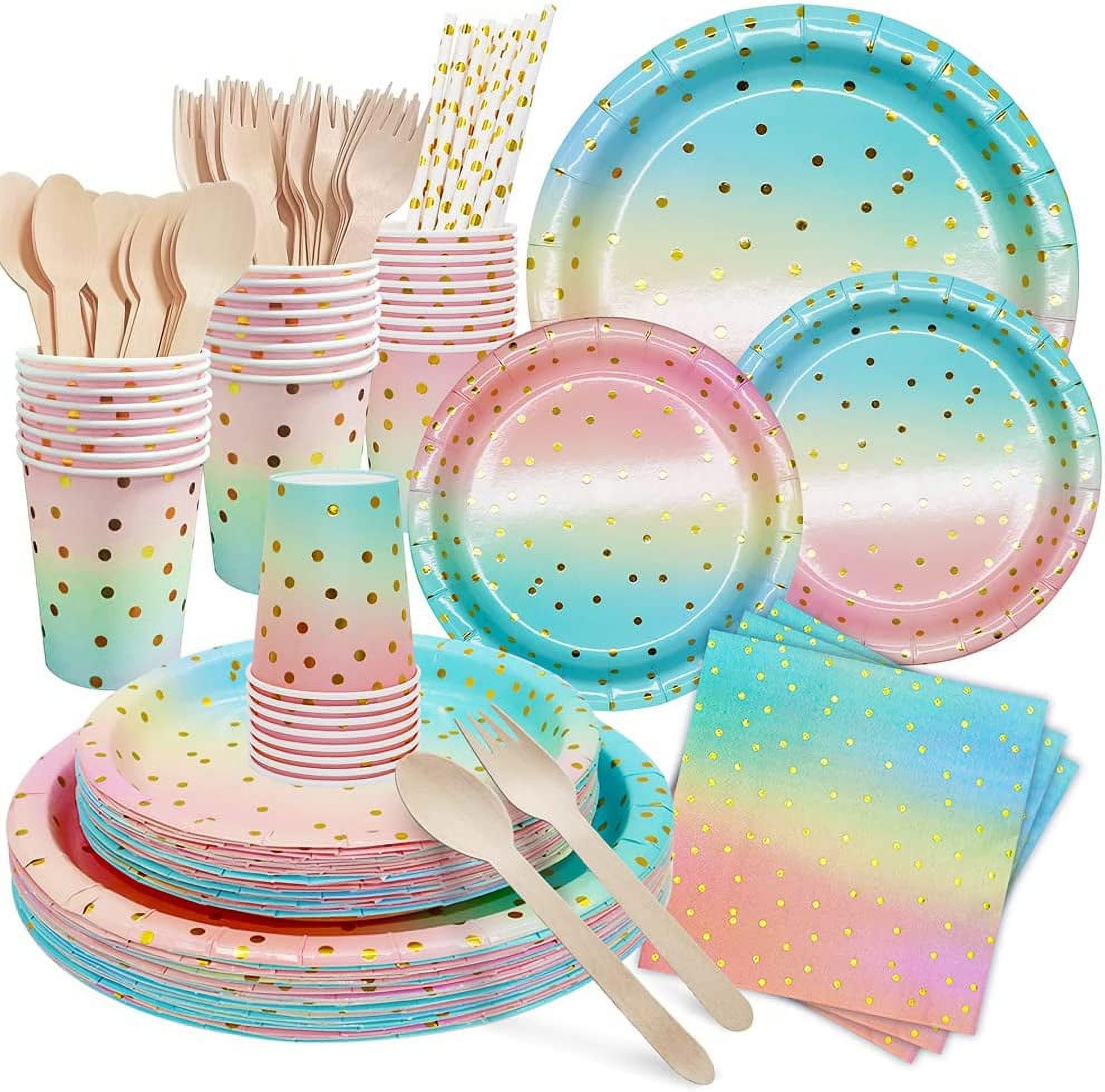 144 Piece Pastel Rainbow Birthday Party Supplies, Dinnerware with Paper  Plates, Napkins, Cups, and Pink Cutlery (Serves 24)