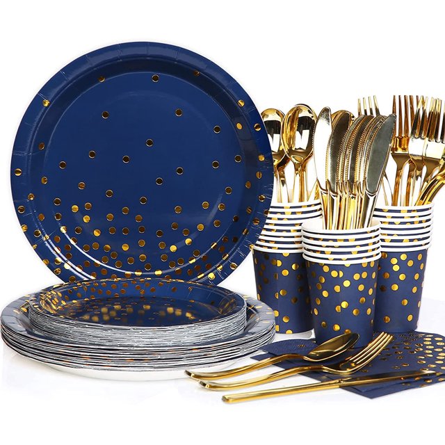 168PCS Royal Blue and Gold Plates and Napkins Party Supplies,Navy Blue